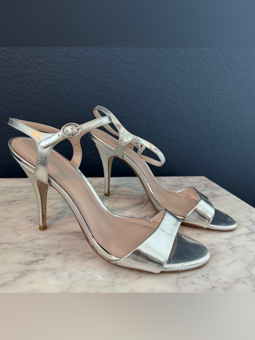 Flounce Metallic Silver Open-Toe Stiletto Sandals with Ankle Strap